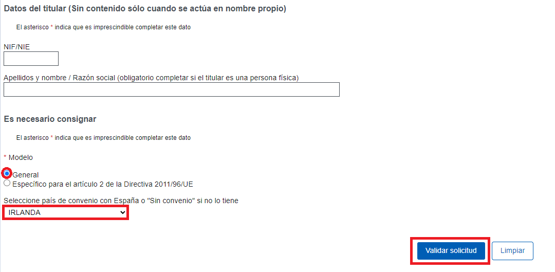 Selecciona modelo general y país Irlanda.